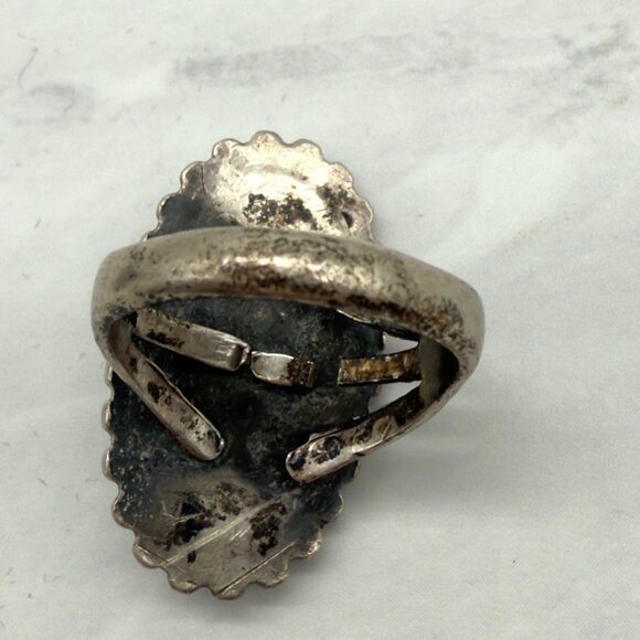 Vtg Sterling Silver Long Malachite Southwest Ring Stampwork Women Size 5 NOTE - Picture 4 of 11